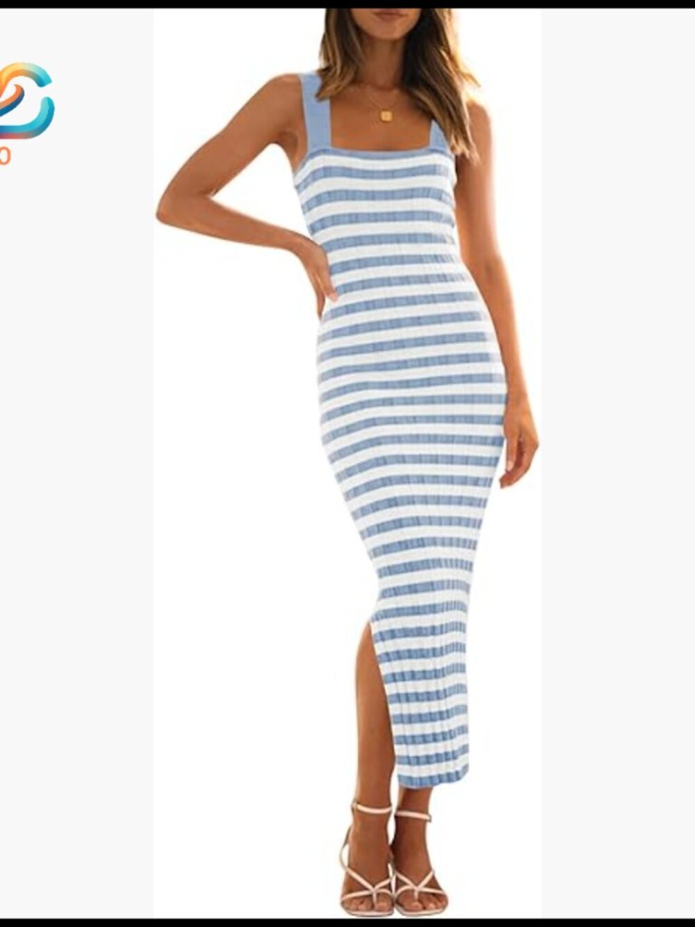 Sleeveless Ribbed Knit Midi Dress Bodycon Striped Square Neck Backless